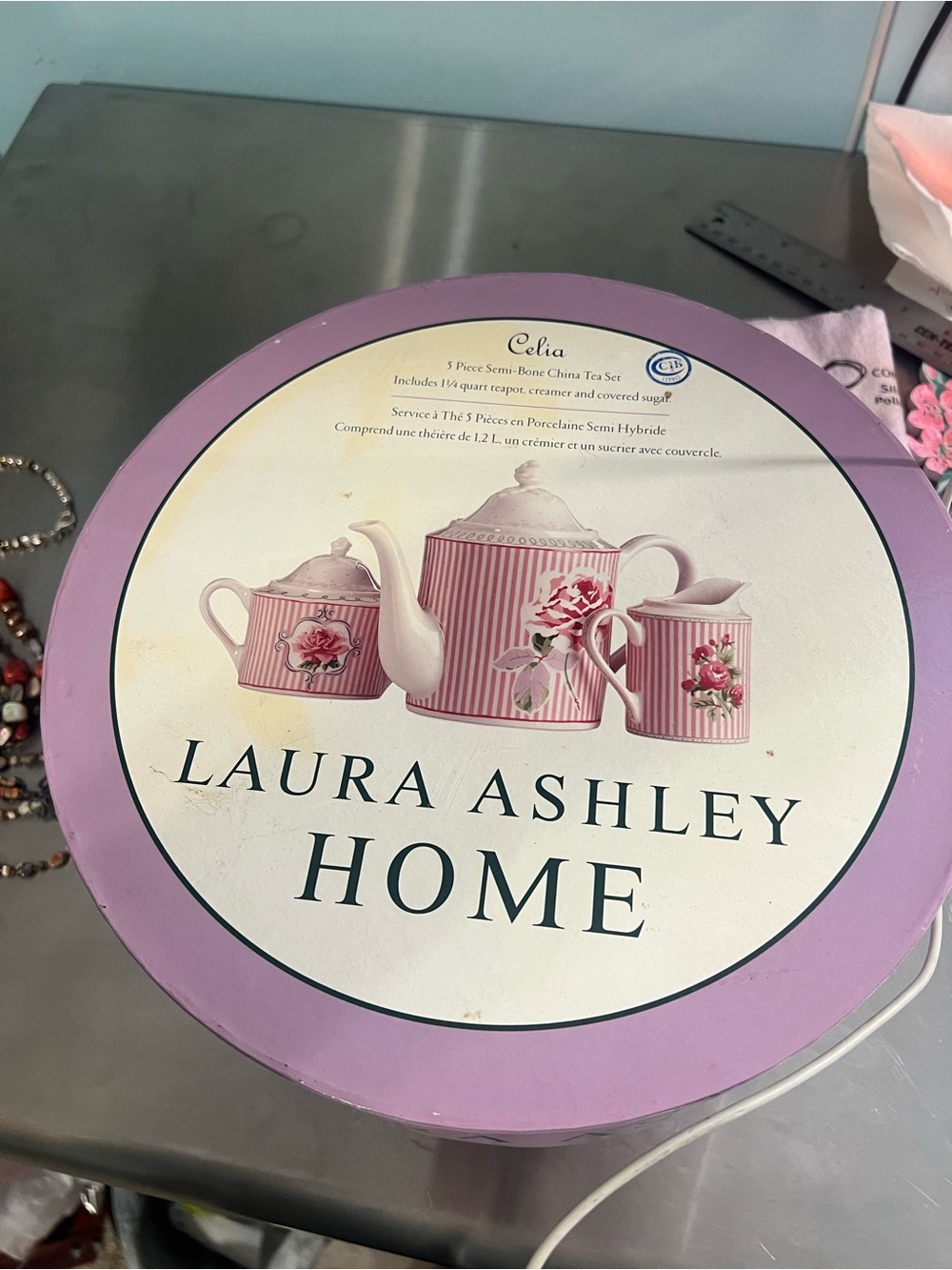 Laura Ashley Pink Striped Floral Tea Set in Round Box